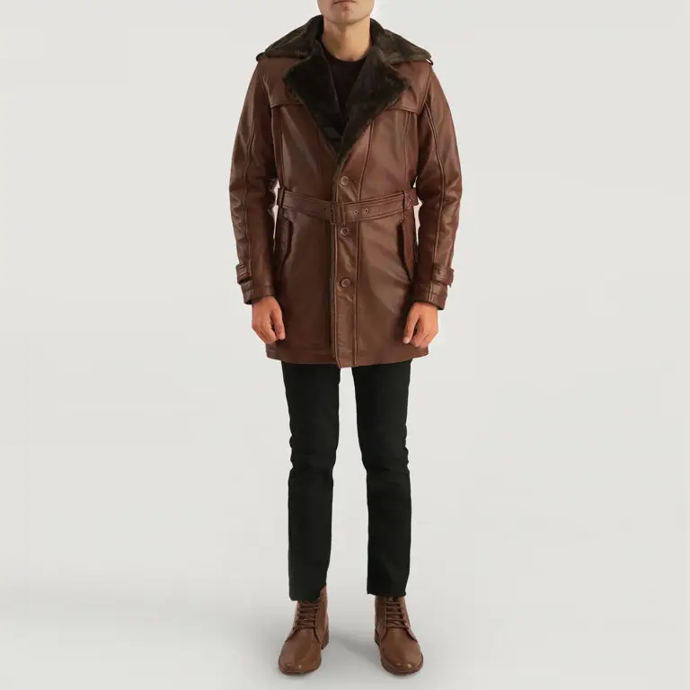 Mens Hunter Distressed Brown Fur Leather Coat Full Length-2-1701087270107
